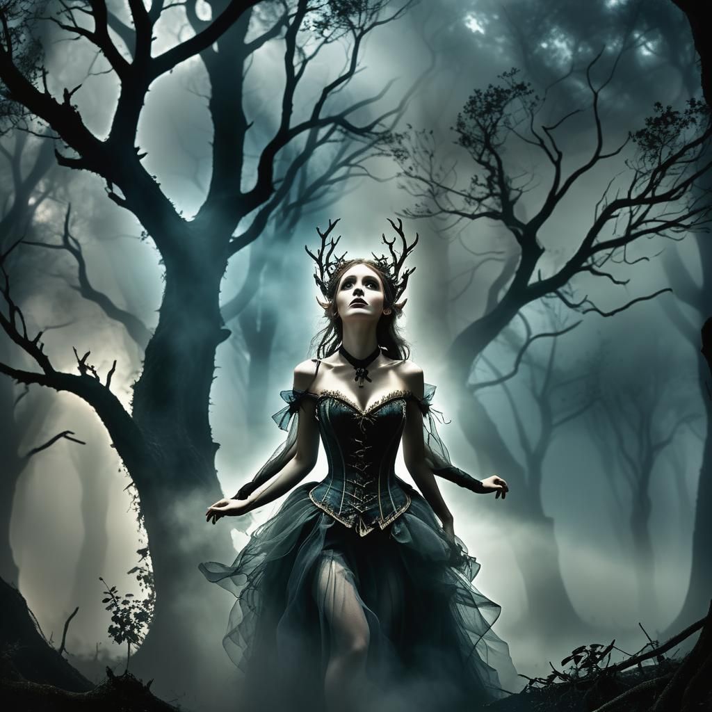 Elf in Mist Covered Woods: Dark Fantasy Art