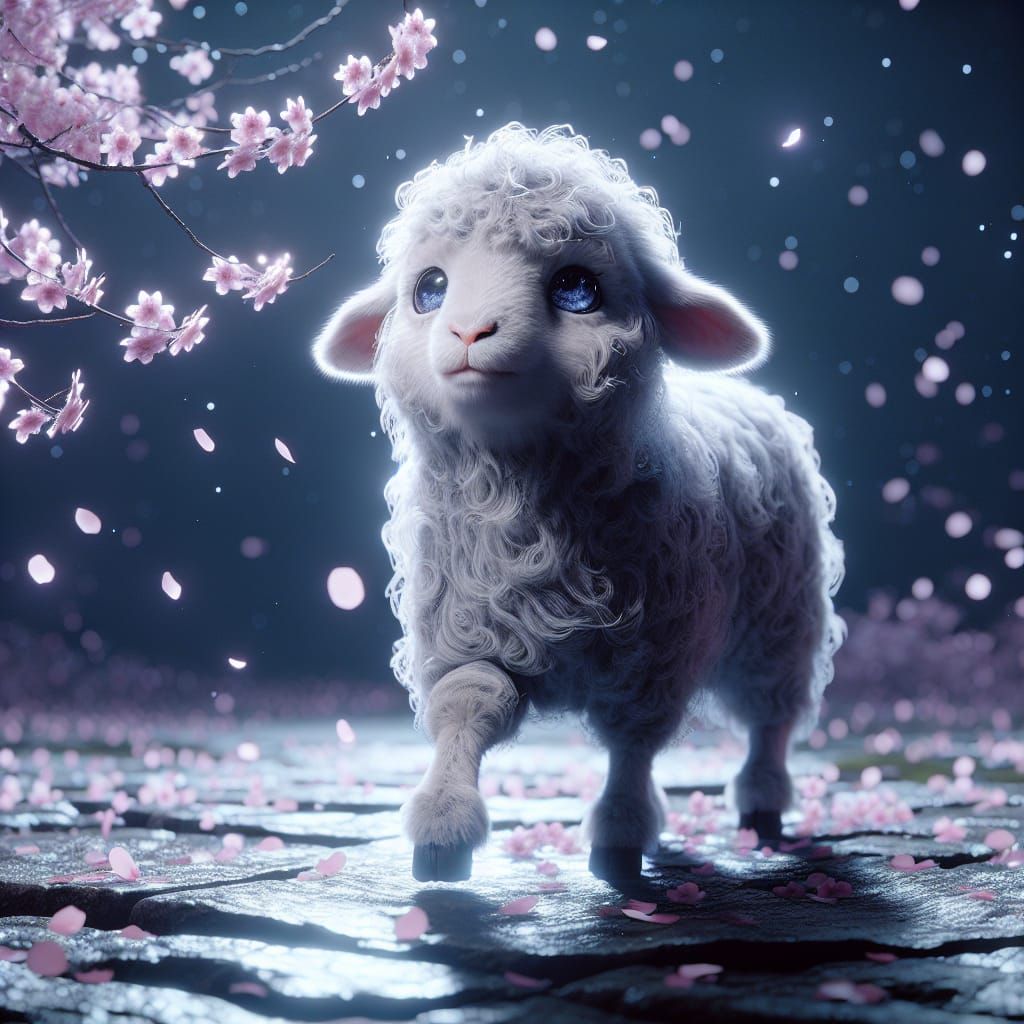 Enchanting Sheep in Falling Sakura Petals
