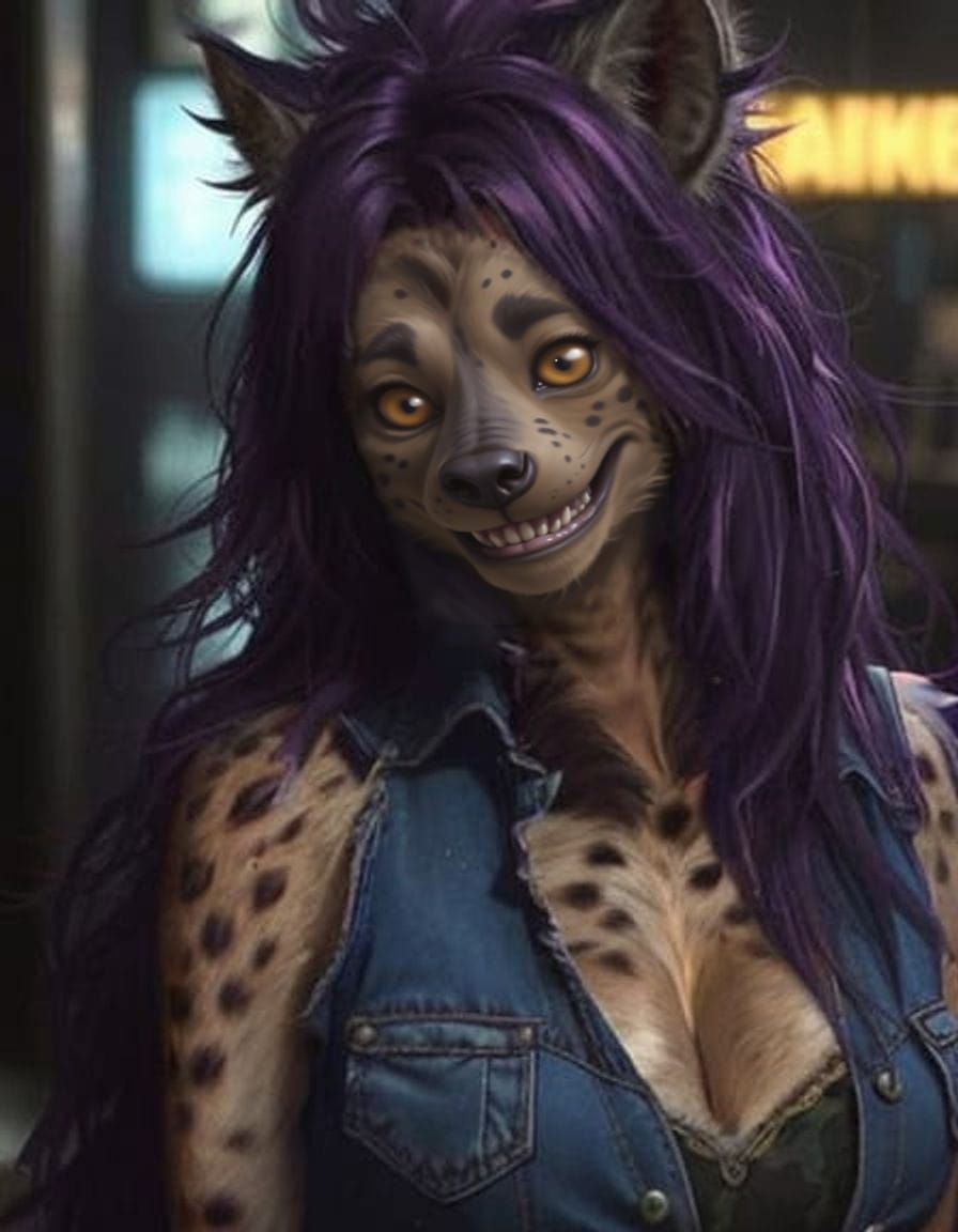 Anthropomorphic Furry Hyena with Lustrous Purple Hair in a D...