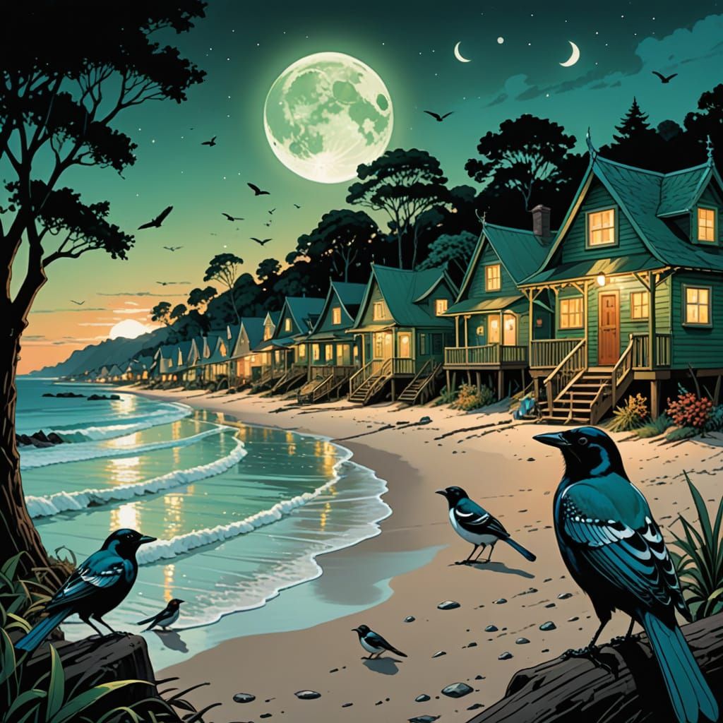 Magpies and Tarsiers on Beach: Comic Book Art
