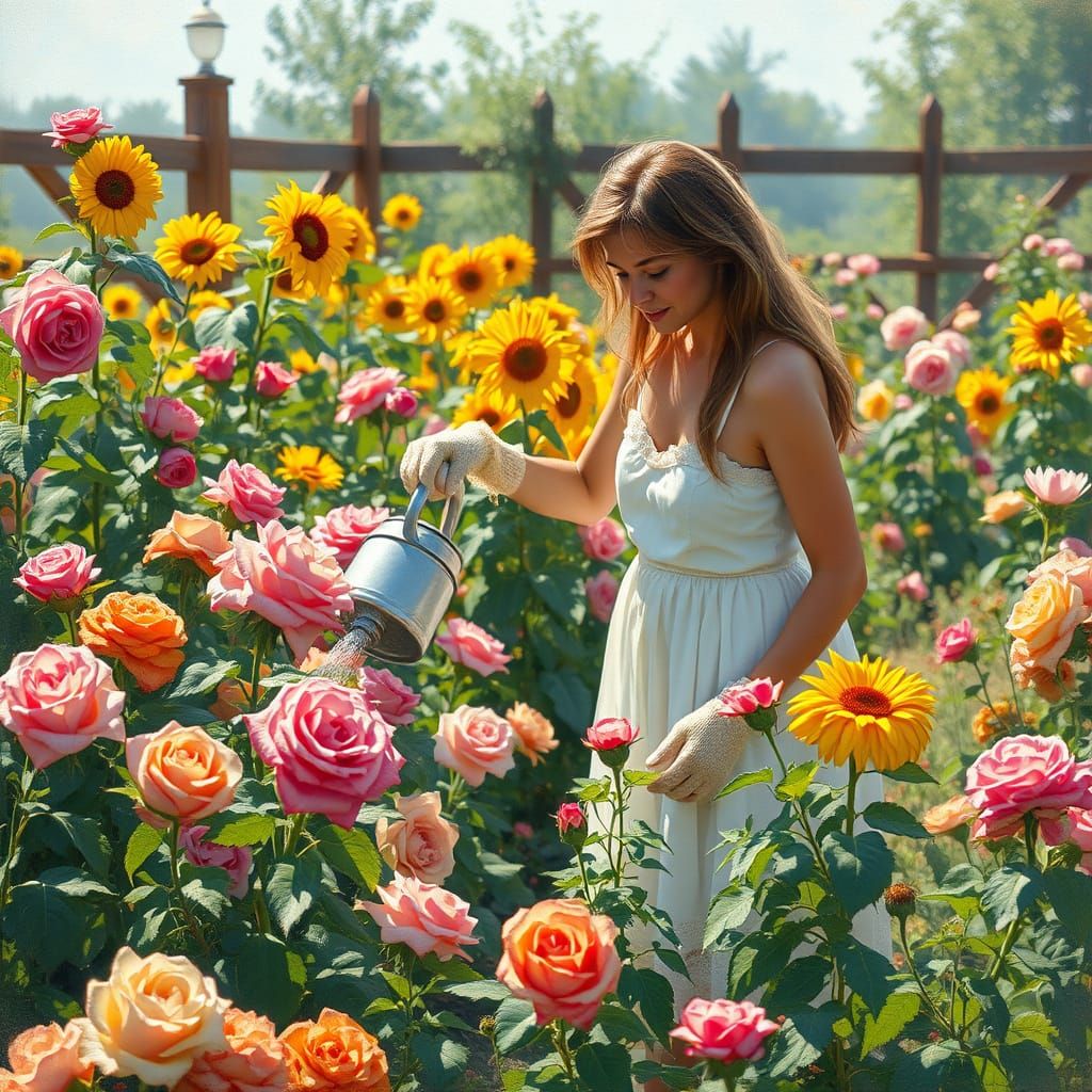 Woman Waters Flower Garden in Impressionist Style