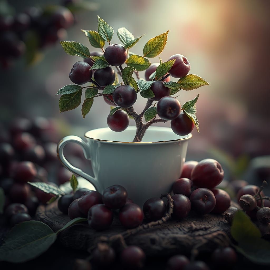 Surreal Plum Tree in a Teacup, Photorealistic 8K