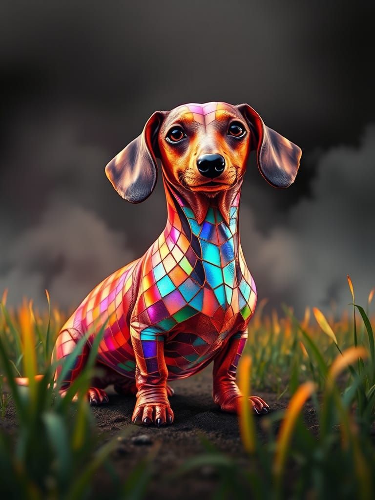 Serpentine Dachshund with Gilded Fractal Patterns in Stained...