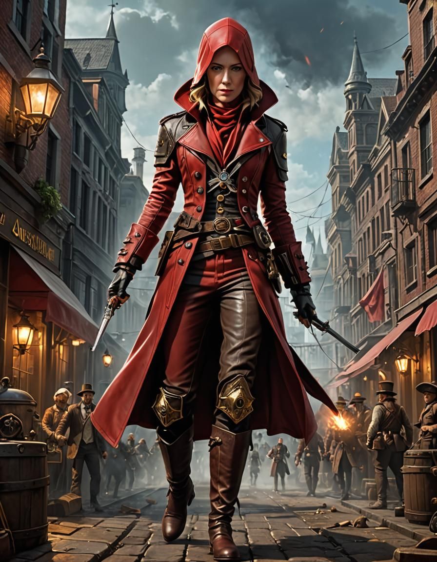 Steampunk Character in Red Leather Outfit