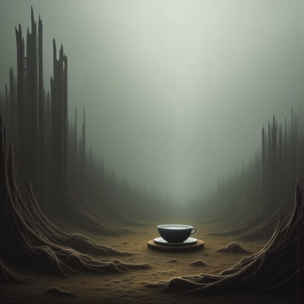 Eerie Teacup in Surreal Apocalyptic Landscape