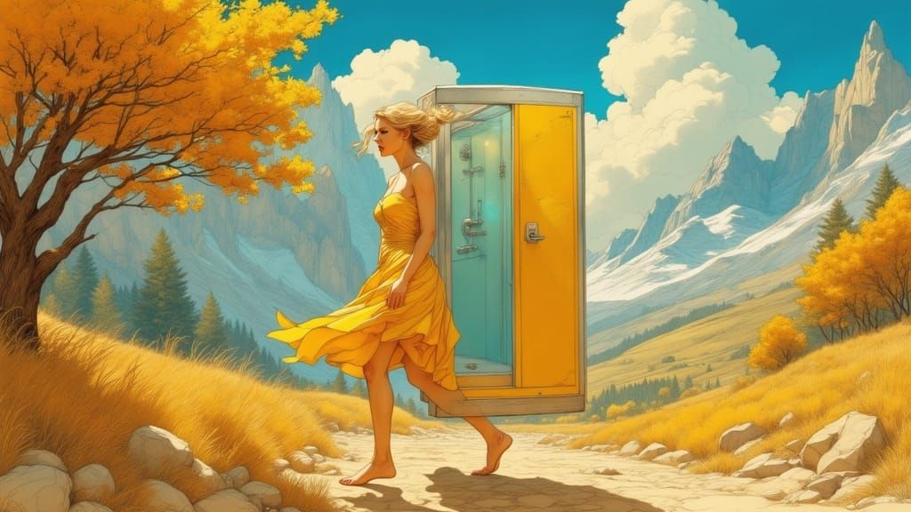Woman Carries Shower Stall in Surrealist Style