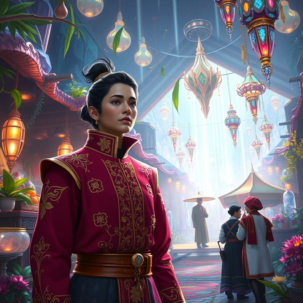 Fantasy Marketplace Scene in Cyberpunk Aesthetic with Futuri...