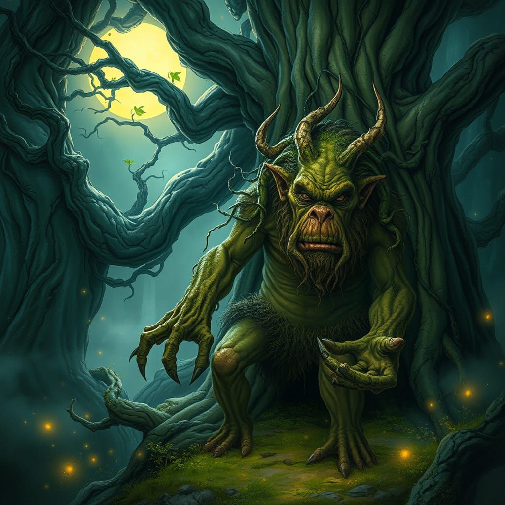 Ancient Troll Amidst Glowing Tree Roots in Mystical Forest