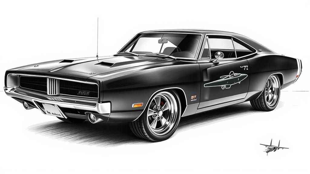 Black 1969 Dodge Charger Sketch in Military Hangar