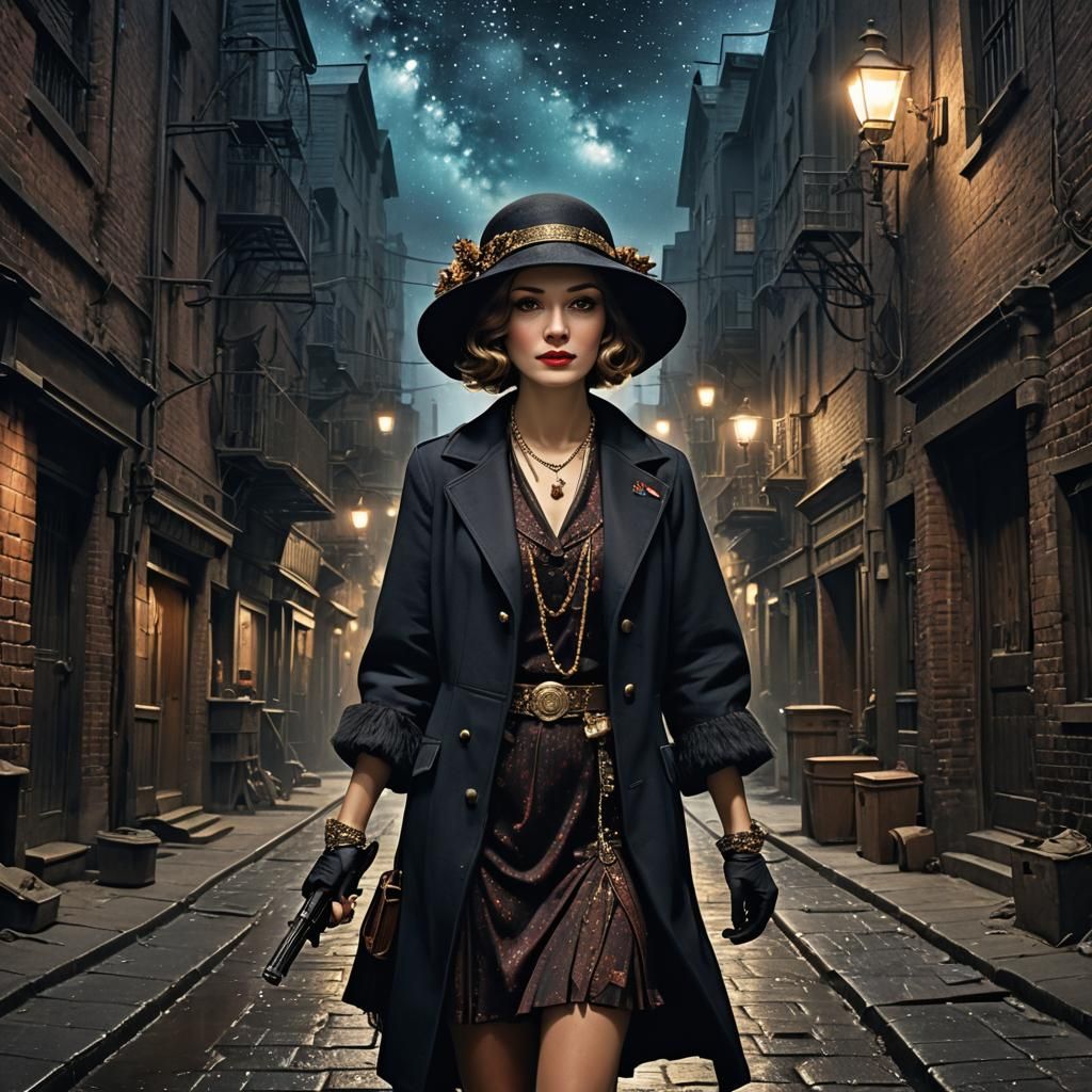 A female investigator in a dark alley of Arkham