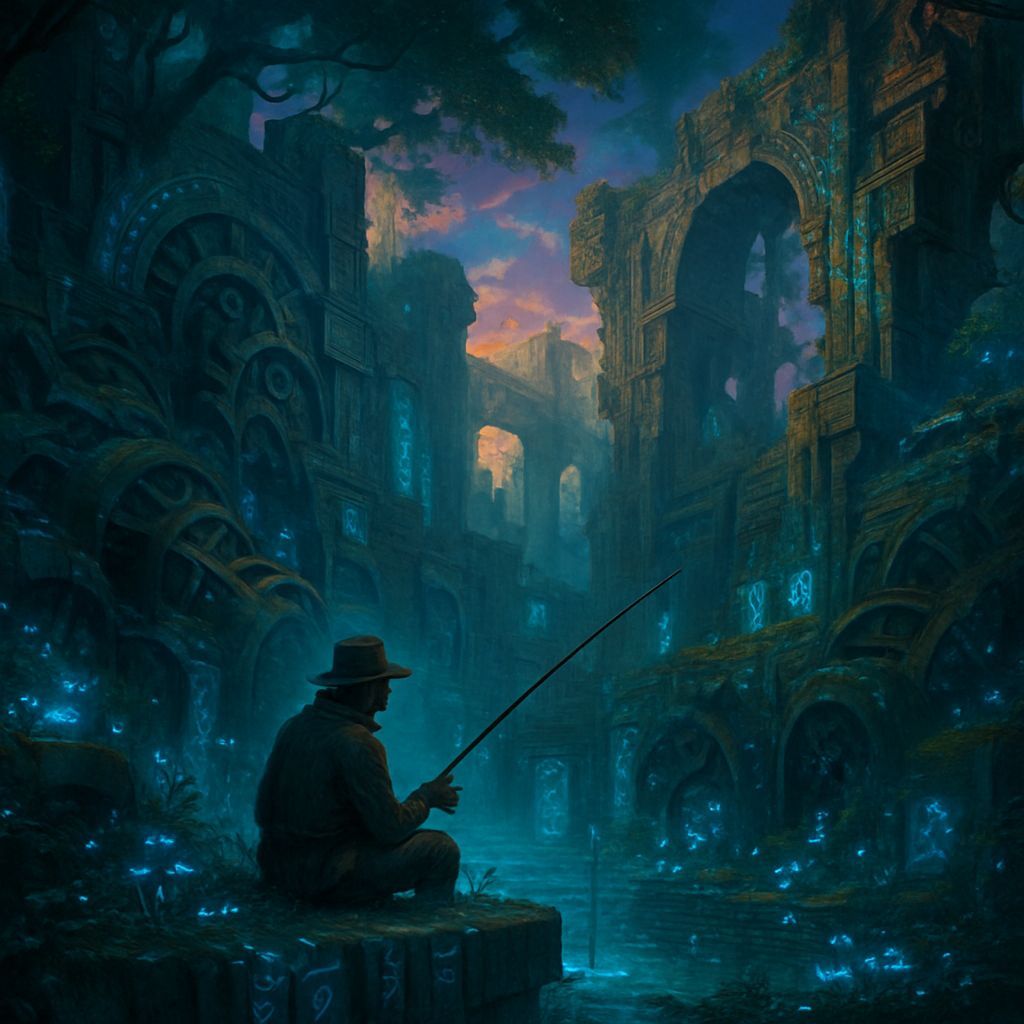 Fisherman by Bioluminescent Ruins in Ethereal Digital Painti...