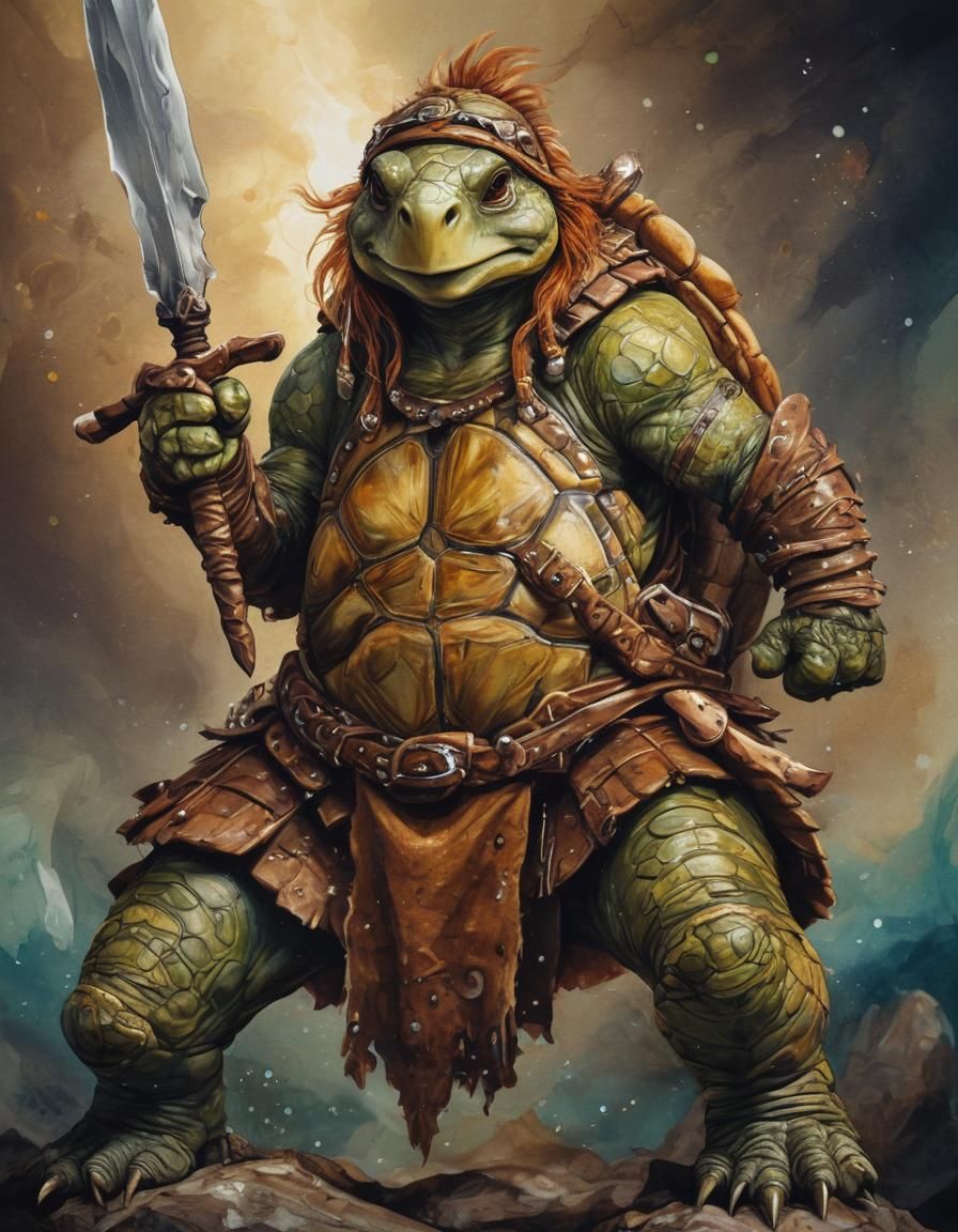 Tortle Barbarian Adventurer in Alcohol Ink and Oil