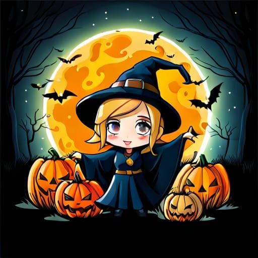 Halloween Chibi Waving Hello in Fantasy Setting