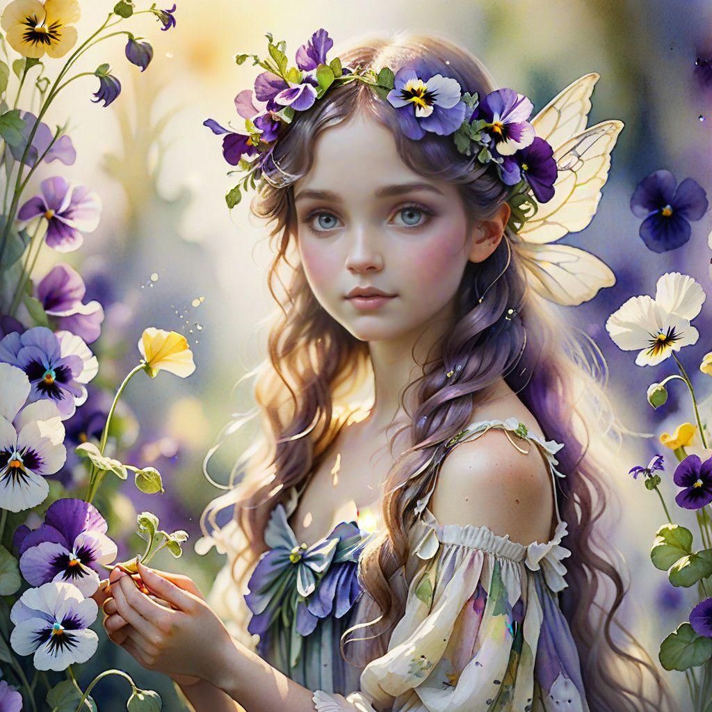 Enchanted Fairy Among Pansy Blossoms