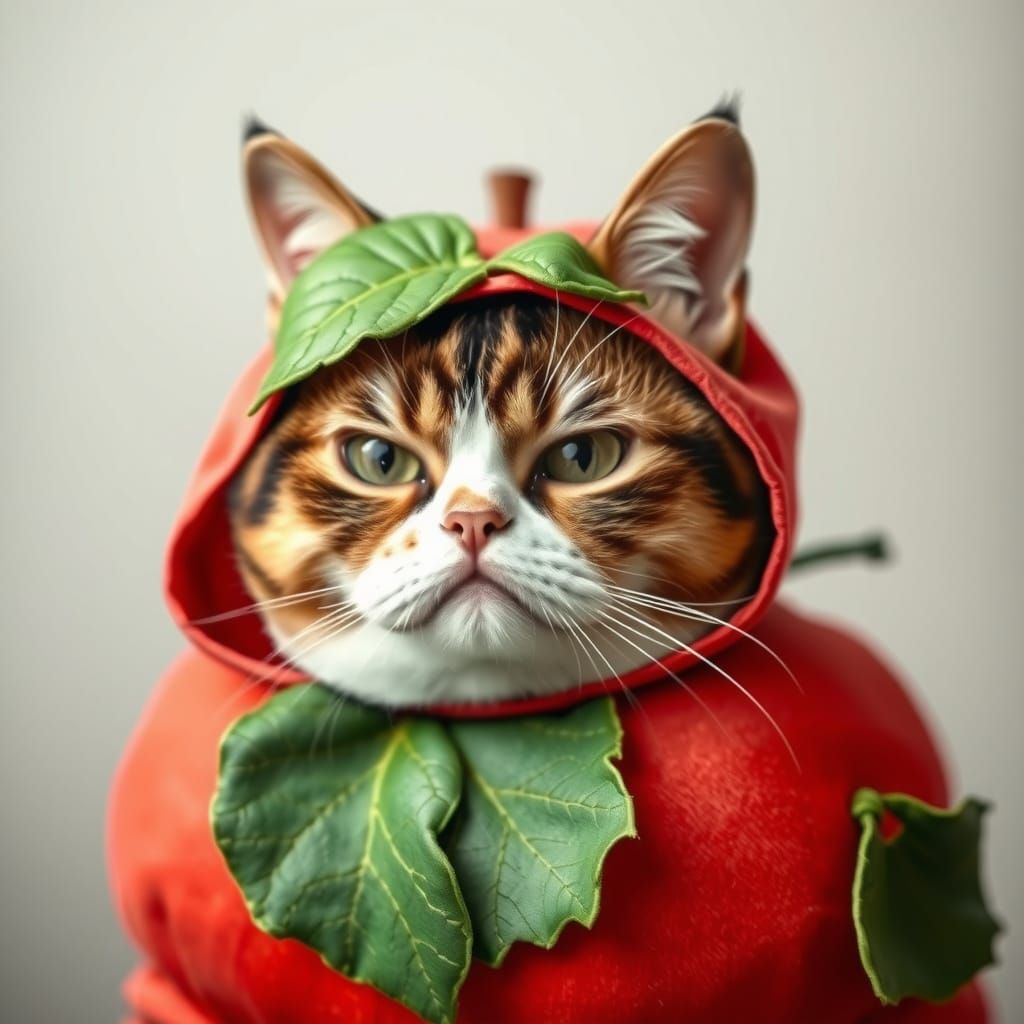 Whimsical Cat in Apple Costume