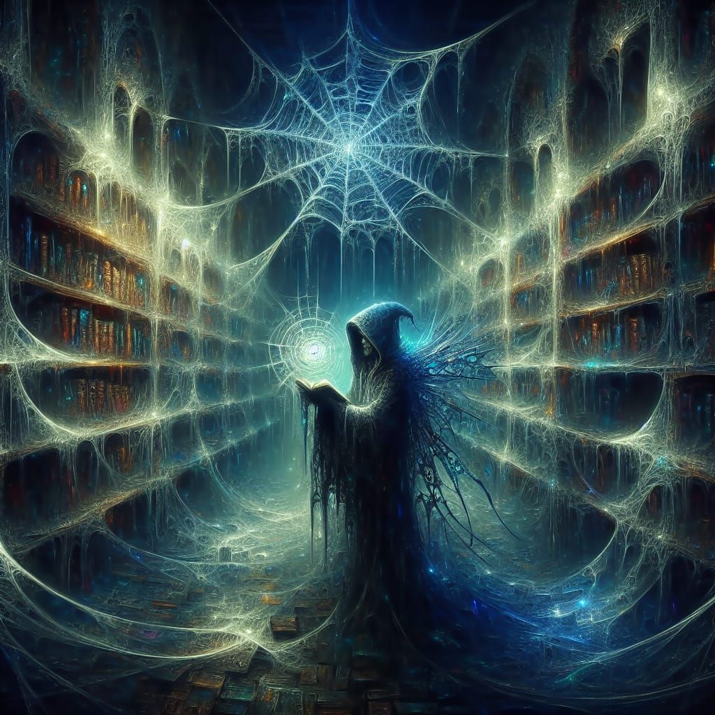 Wizard Weaving Starlight Webs in Abandoned Library