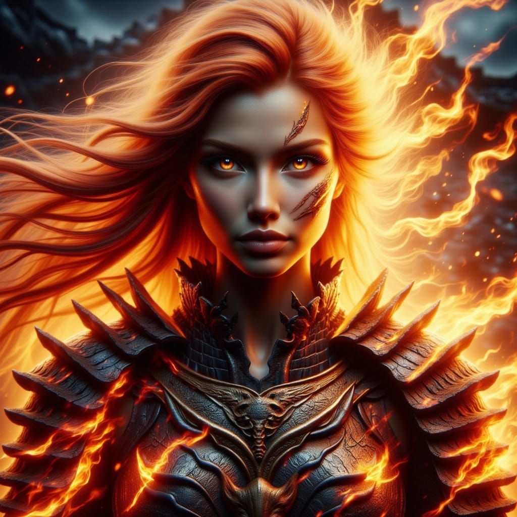 Fire Spirit Samurai Woman in Fiery Hues