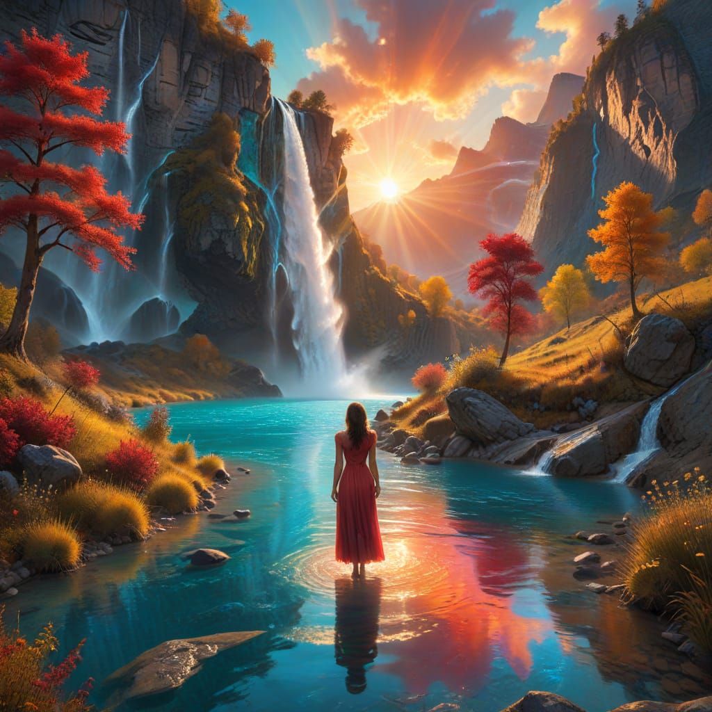 Surreal Woman by Glowing River at Golden Sunset