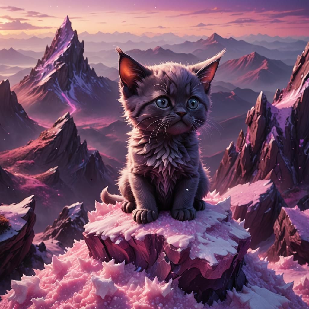 Grumpy Kitten on Purple Mountain with Dragon