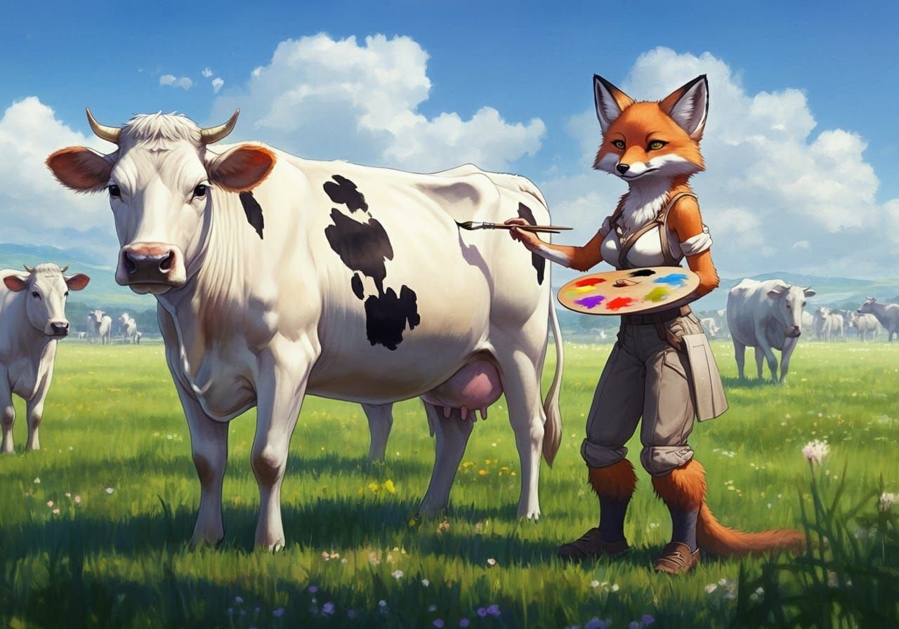 Fox Woman Paints Cows: Anime Style Digital Art