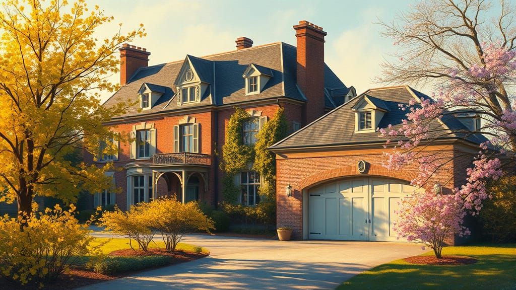 Golden Hour Chateau in Bloom, Painterly Spring Landscape