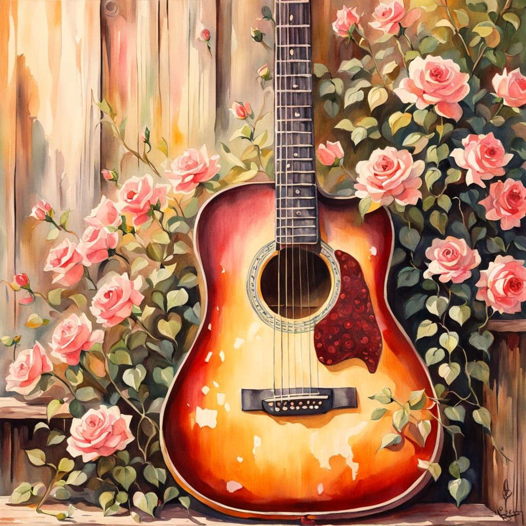 Vintage Guitar with Roses in Watercolor Style