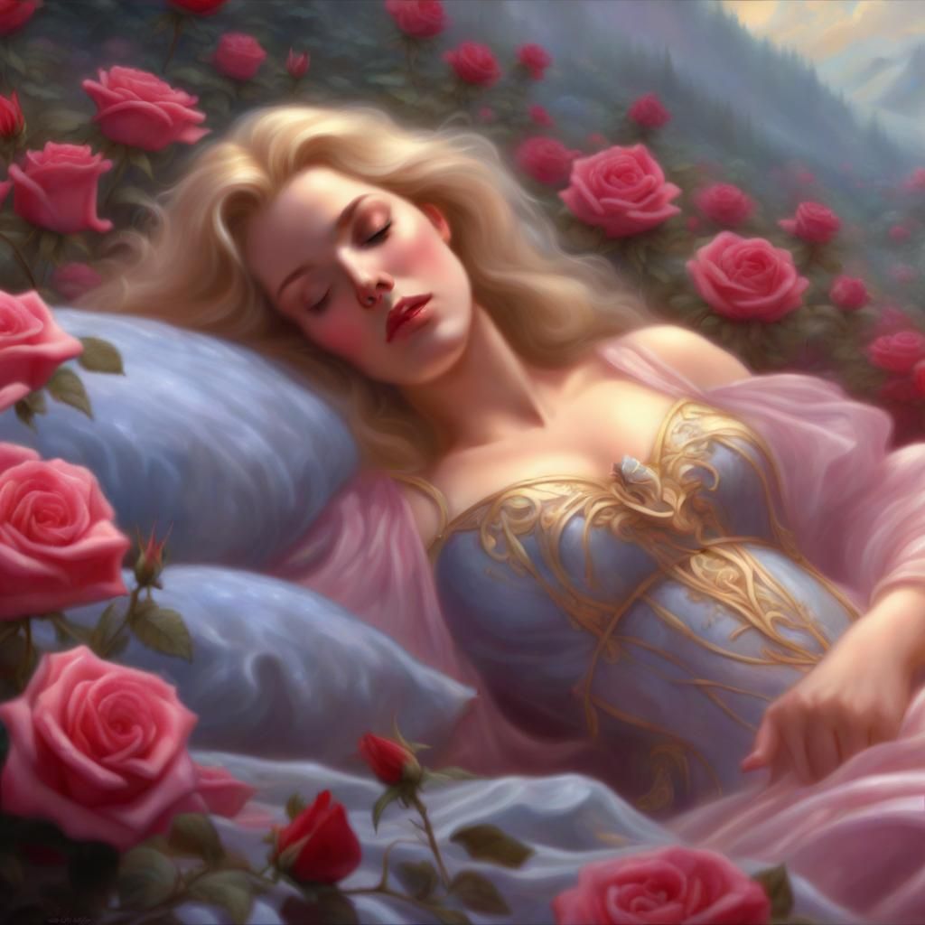 Sleeping beauty asleep on a bed of roses, vibrant, intricate...