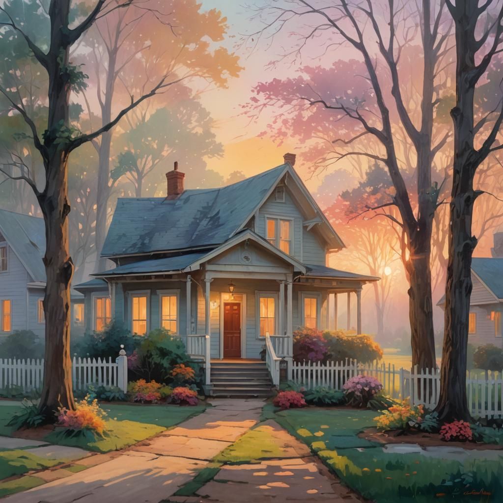 Impressionist Dawn Breaks Over House Entrance