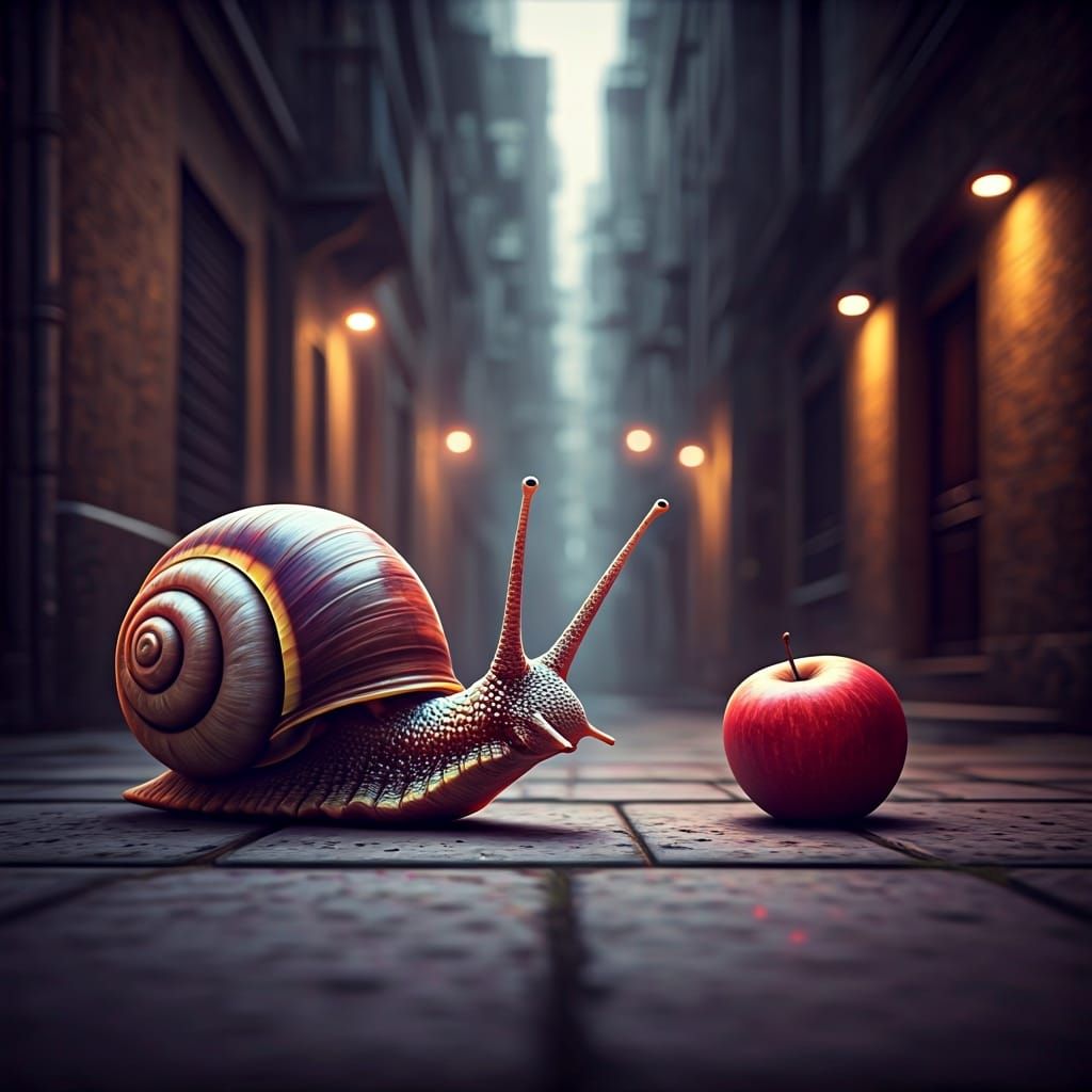 Snail and Apple in Misty Alley, Hyperdetailed Textures