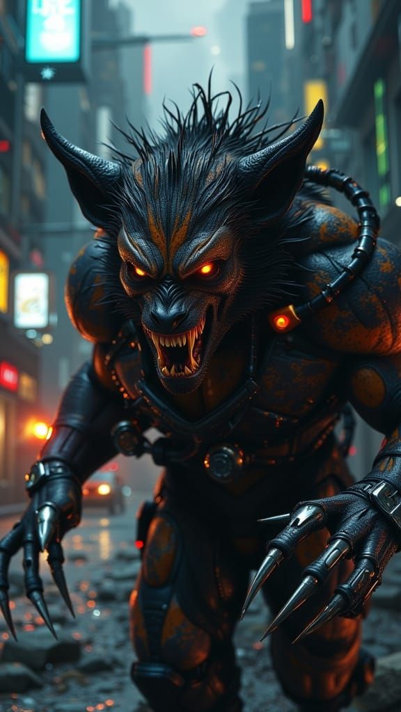 Cyberpunk Wolverine-Sabertooth Hybrid in Gritty Cityscape
