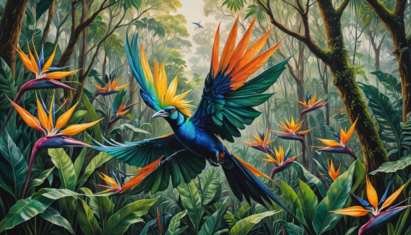 Bird of Paradise Flies Over Forest in Pastel Style