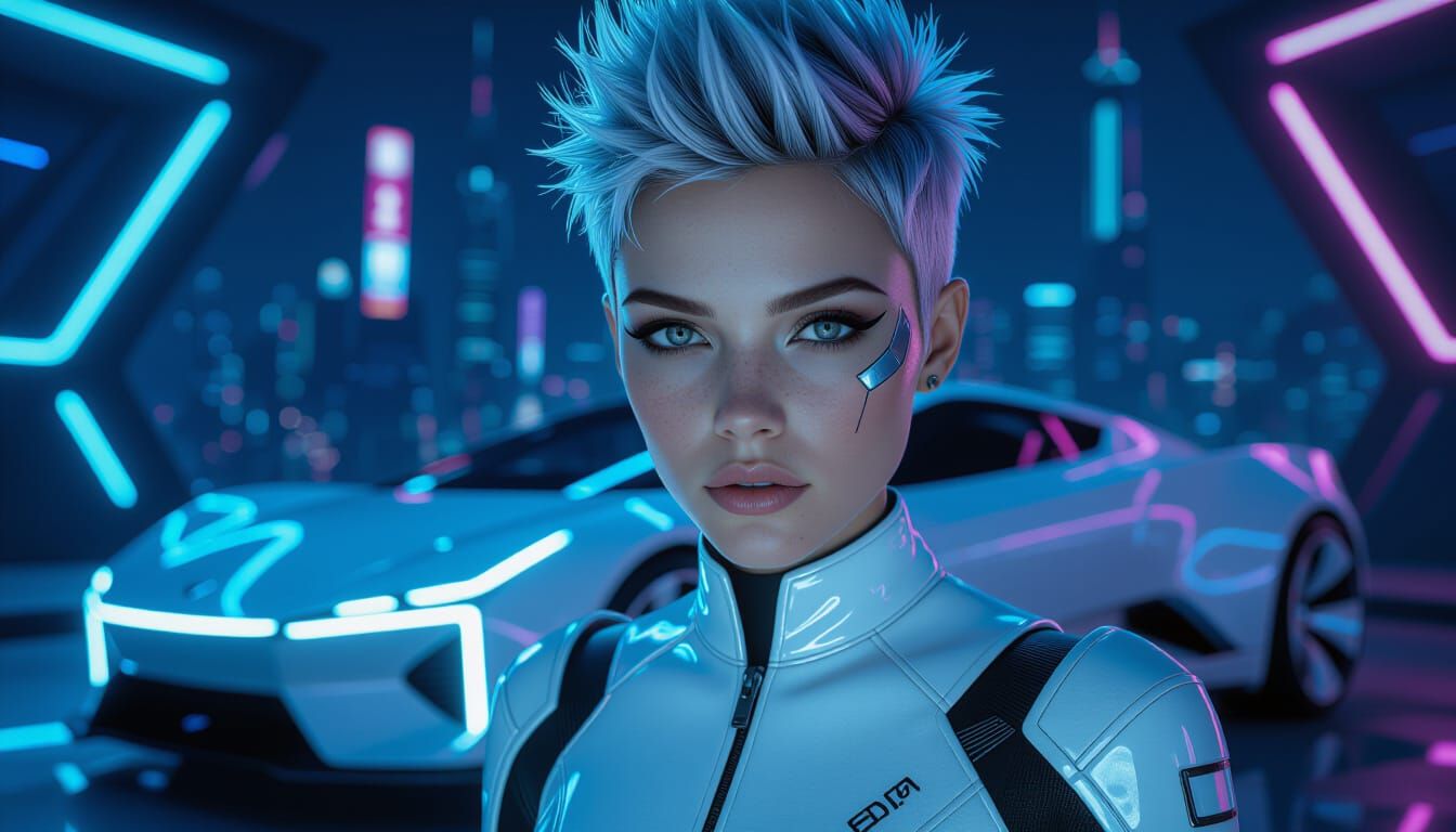 Cyberpunk Woman in White Suit with Neon City