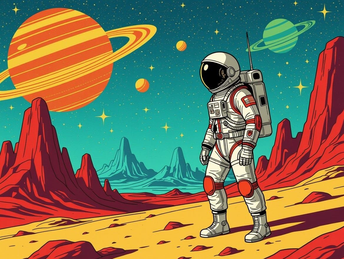 Retro Futuristic Space Explorer on Alien Planet