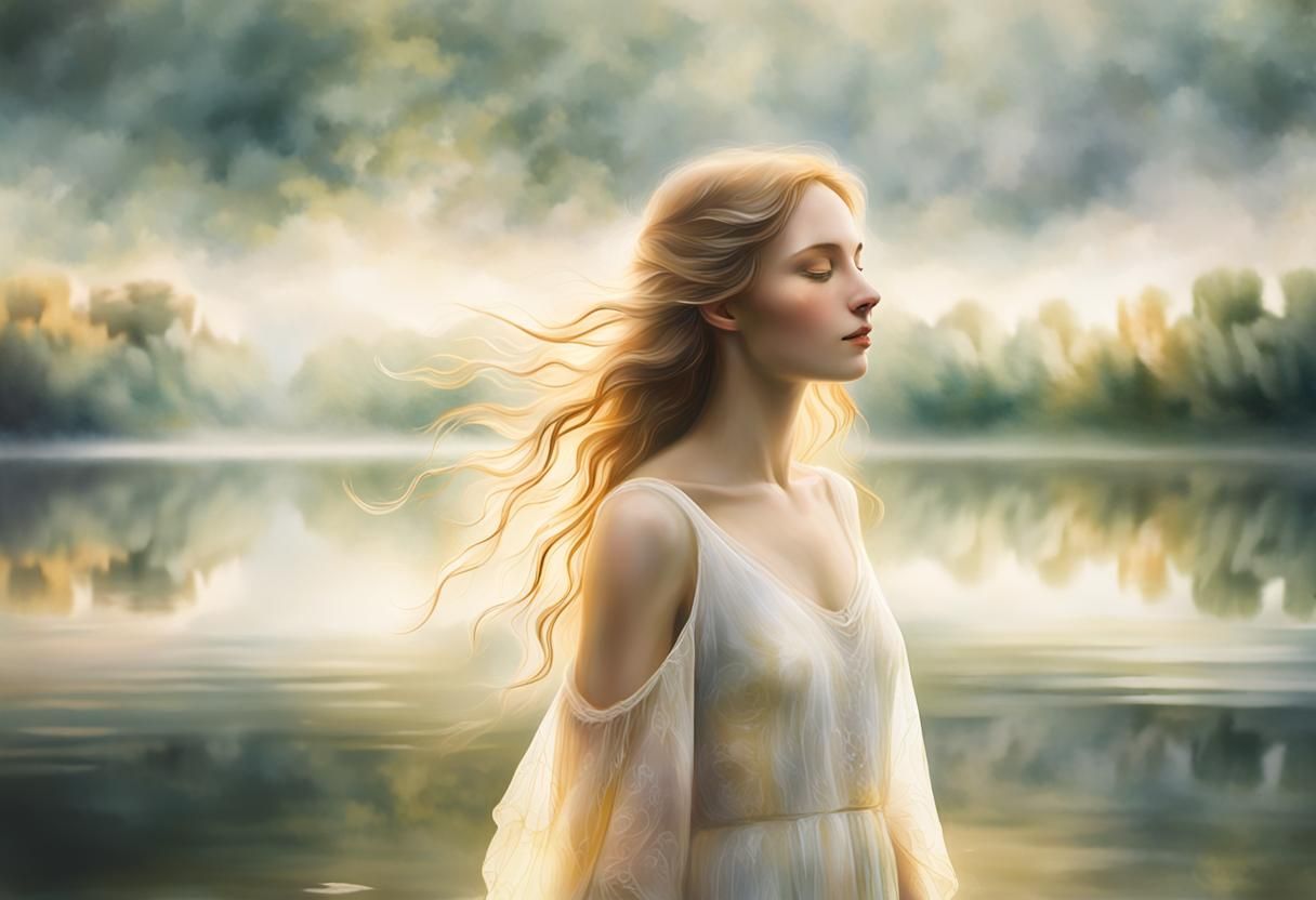Ethereal Woman in Lake: Dreamy Watercolor Painting