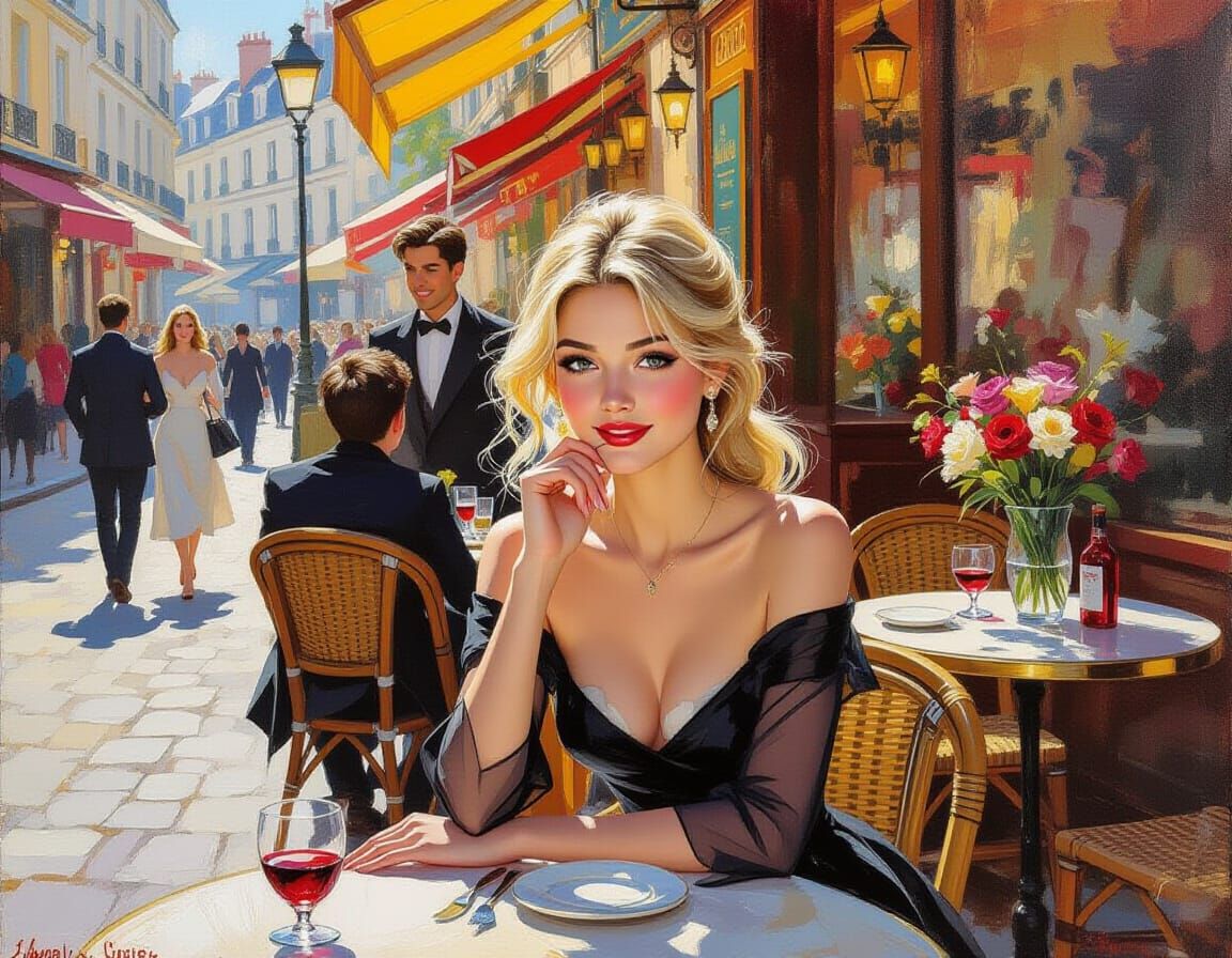 Parisian Bistro Scene: Elegant Woman and Flowers in Impressi...