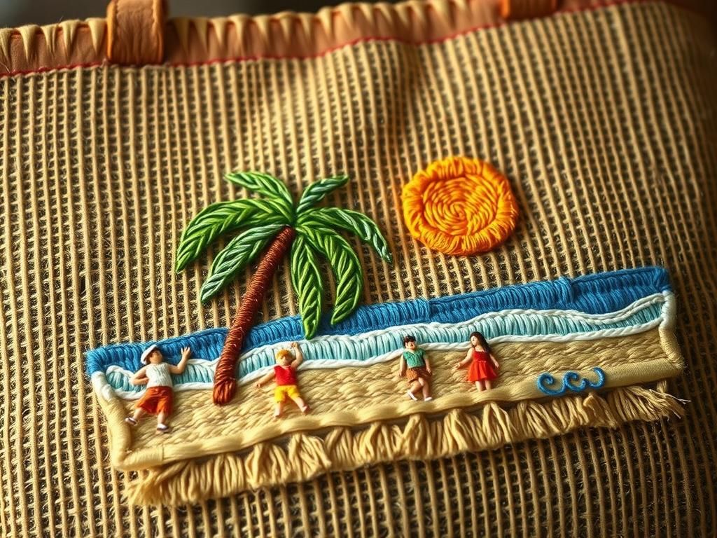 Embroidered Beach Scene on Jute Bag