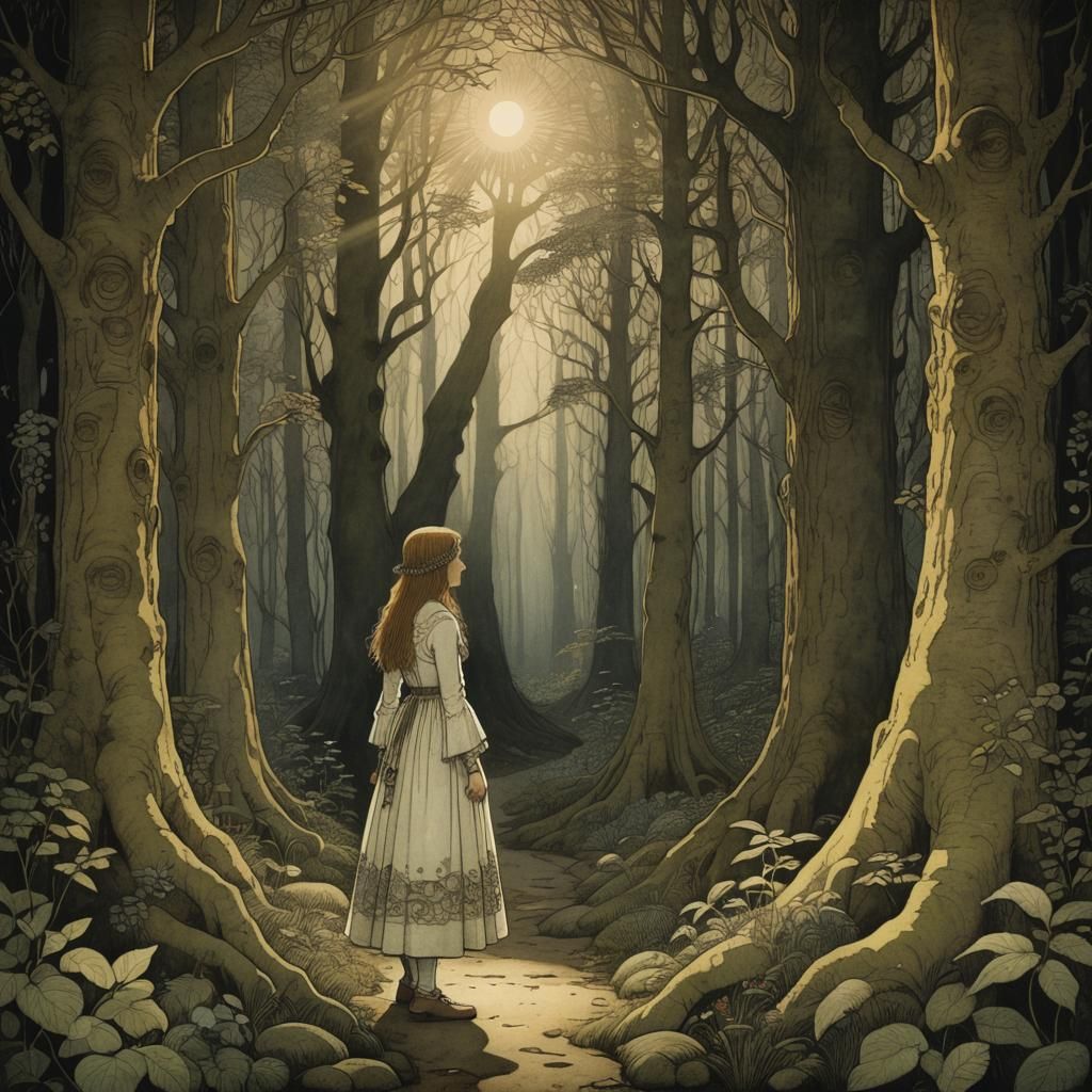 Girl in Enchanted Forest, John Bauer Style