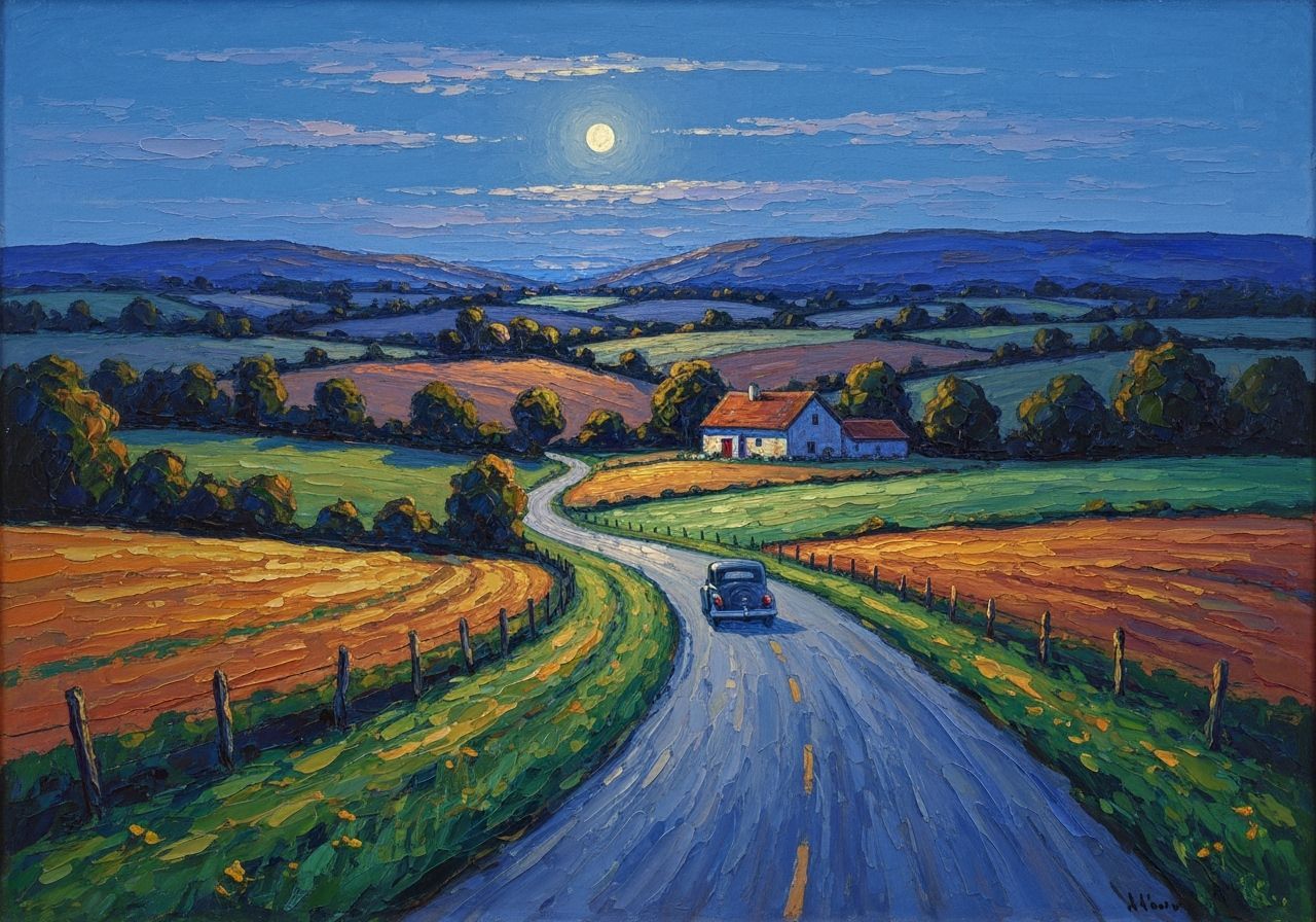 Impressionistic Rural Landscape at Dusk with Vintage Car