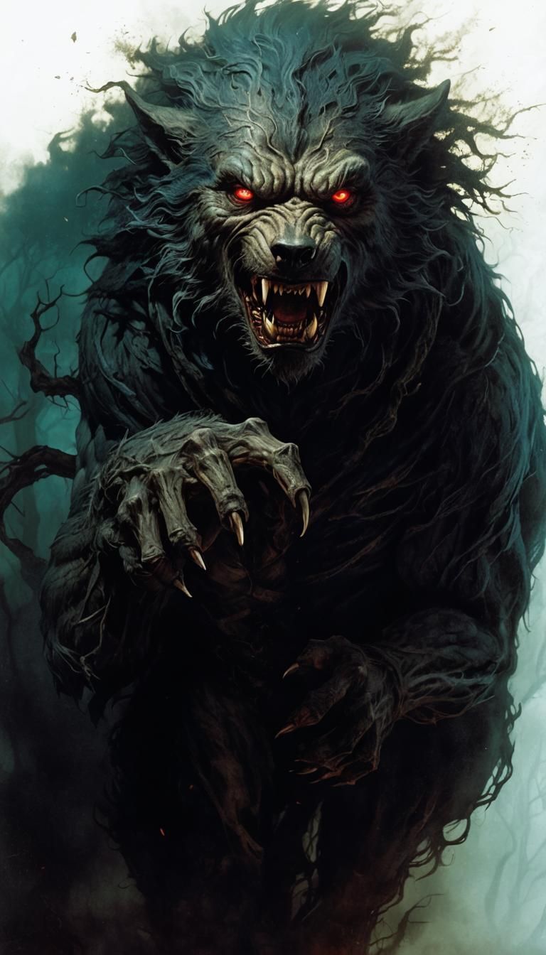 Werewolf in Dark Forest, Horror Art
