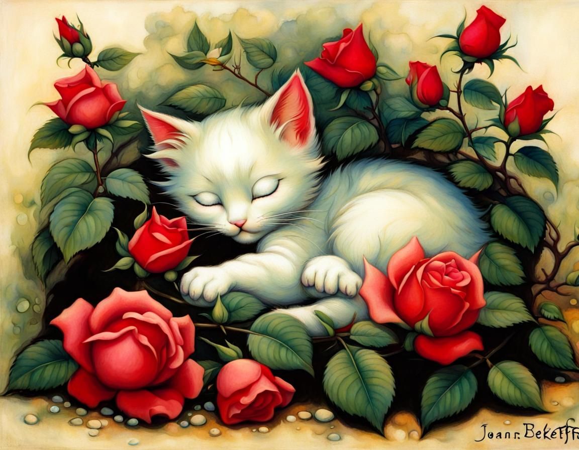 Kitten Sleeping in Fairytale Garden Illustration
