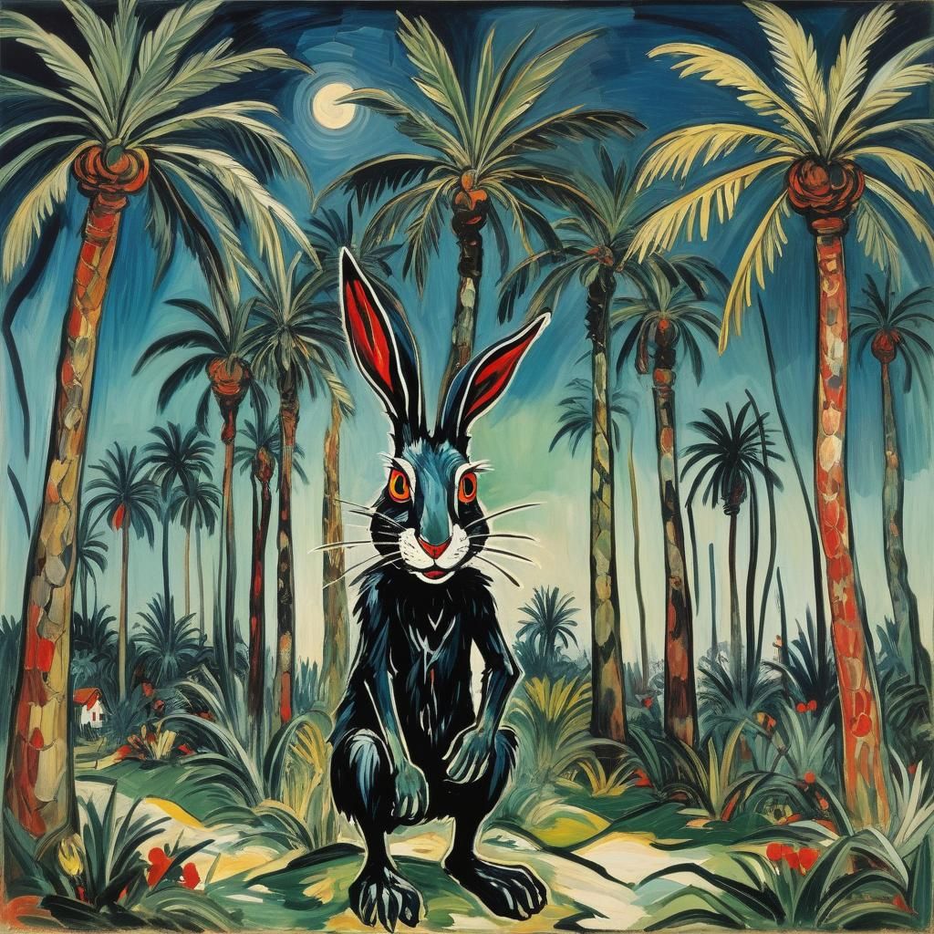 Rabbit's Last Stand: Expressionistic Palm Tree Scene