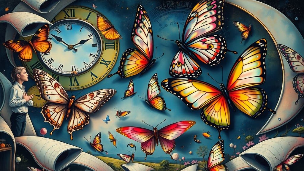 Surreal Butterflies Dance Amidst Melting Clocks in a Dreamli...
