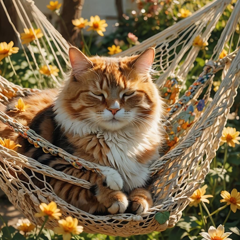 Cat Nap in Sun-Drenched Impressionist Garden