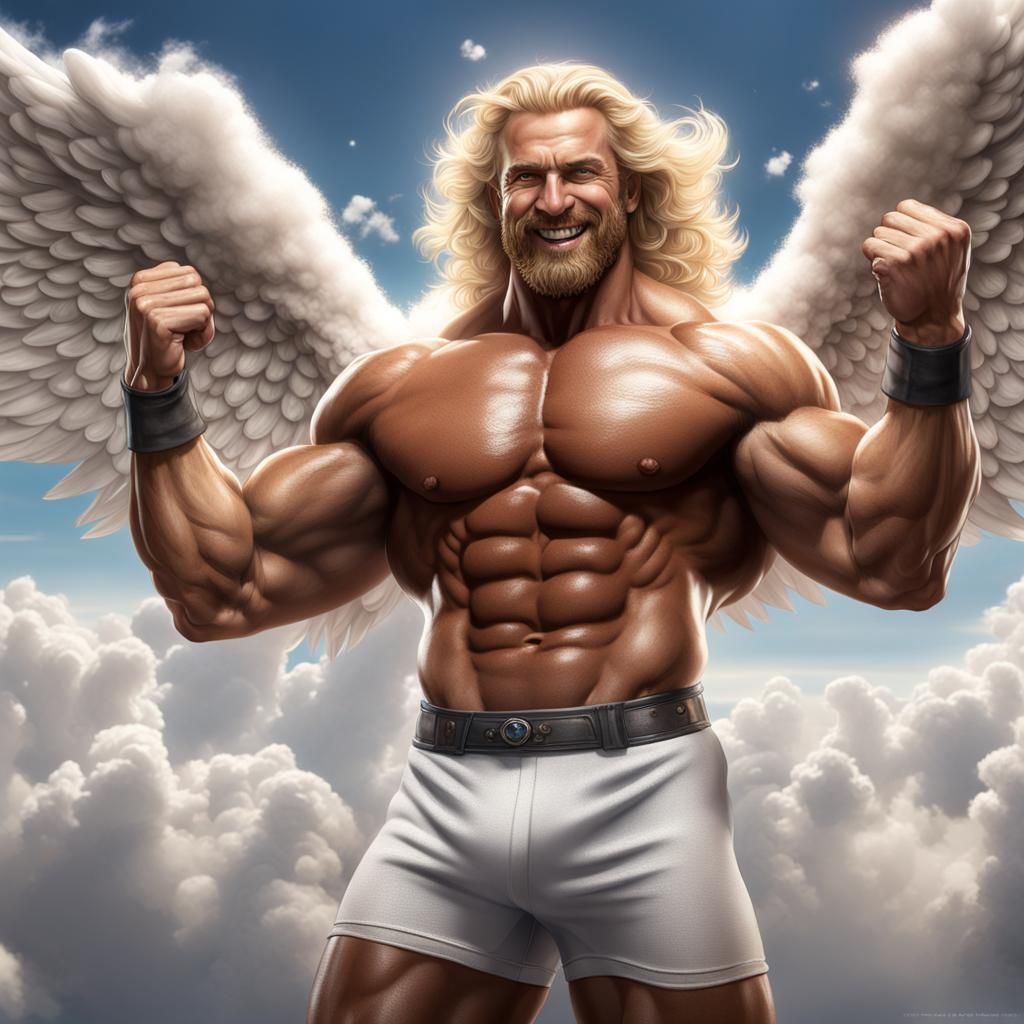Hyperrealistic Bodybuilder Angel Blessing Sausages