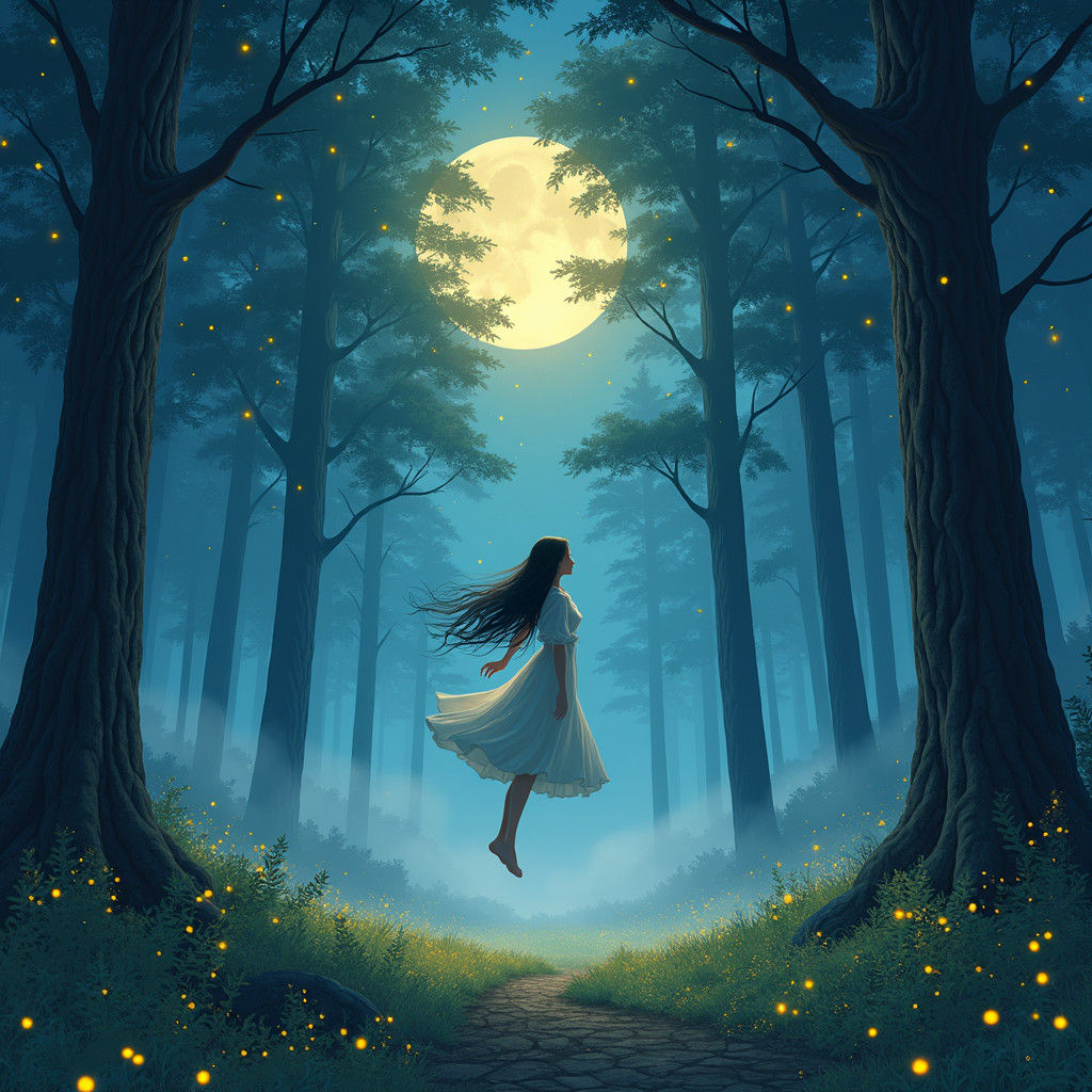 Woman Floating in Moonlit Forest, Dreamy Illustration