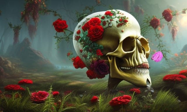 Skull with Flowers: Detailed Matte Painting