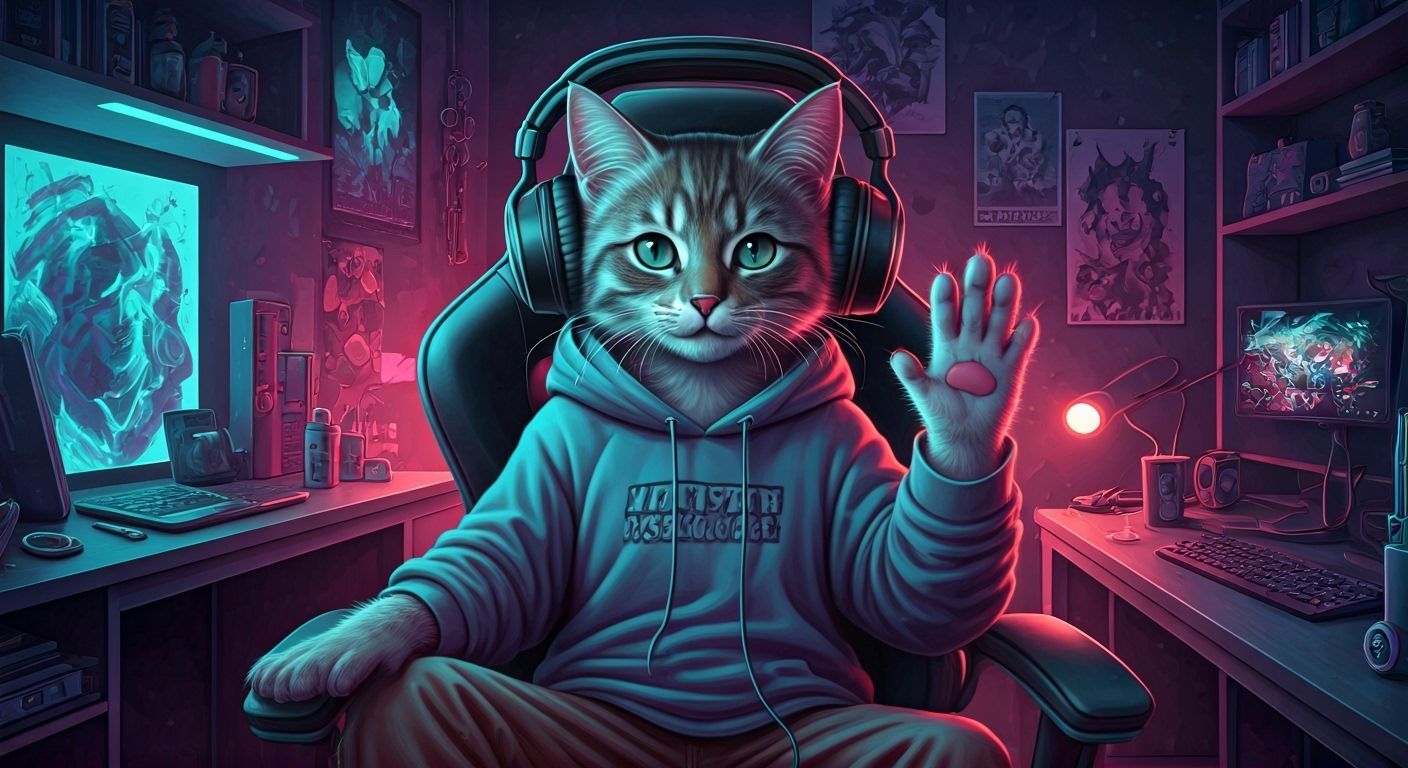 Kitten Streamer in Cyberpunk Room, Digital Art