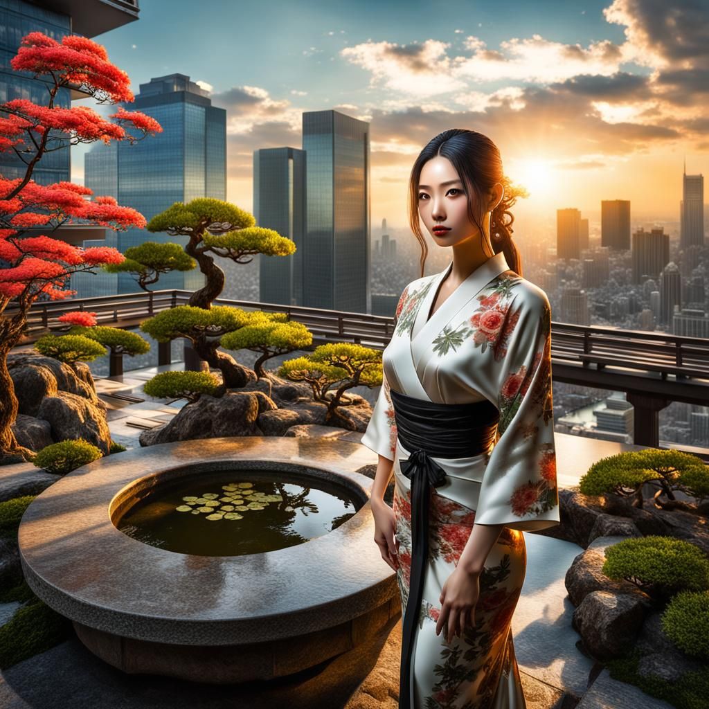 Japanese Garden on Skyscraper at Sunset