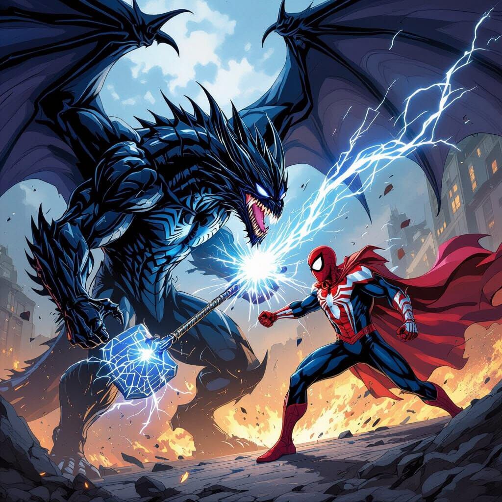 Dragon Fights Spider-Man with Mjolnir & Stormbreaker