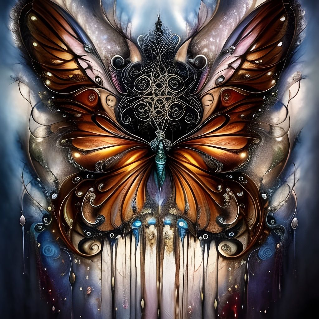 Metallic Butterfly in Colorful Ink Flow, Hyperrealism
